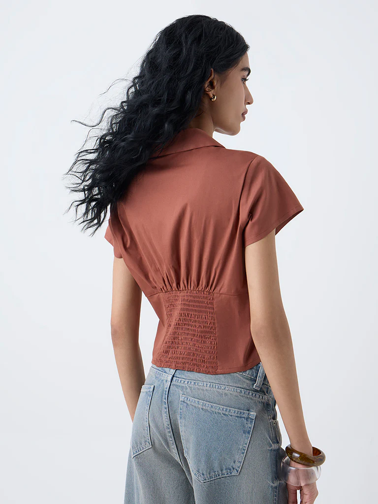 Nuon Brown Smocked Cotton Shirt - Image 4
