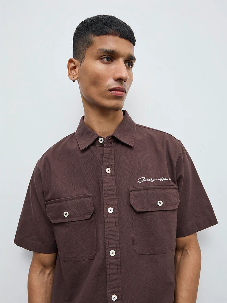 Nuon Brown Solid Relaxed-Fit Cotton Shirt - Image 3