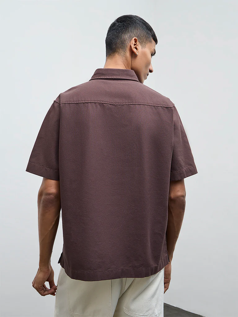 Nuon Brown Solid Relaxed-Fit Cotton Shirt - Image 4