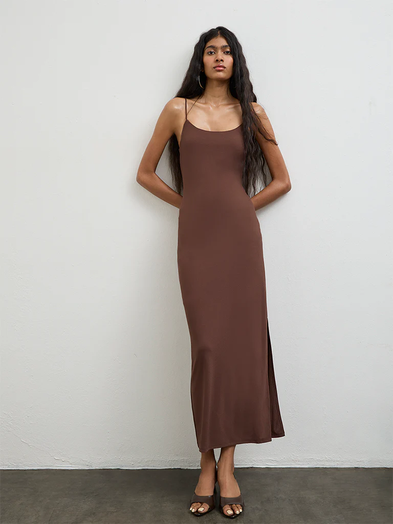 Nuon Brown Solid Slit-Detail Bodycon Dress - Image 2