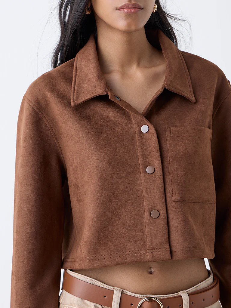 Nuon Brown Solid Suede Jacket - Image 3