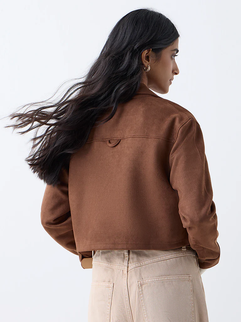 Nuon Brown Solid Suede Jacket - Image 4