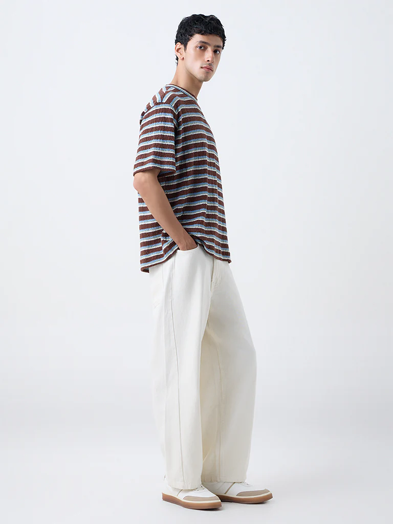 Nuon Brown Striped Relaxed-Fit Cotton-Blend T-Shirt - Image 2