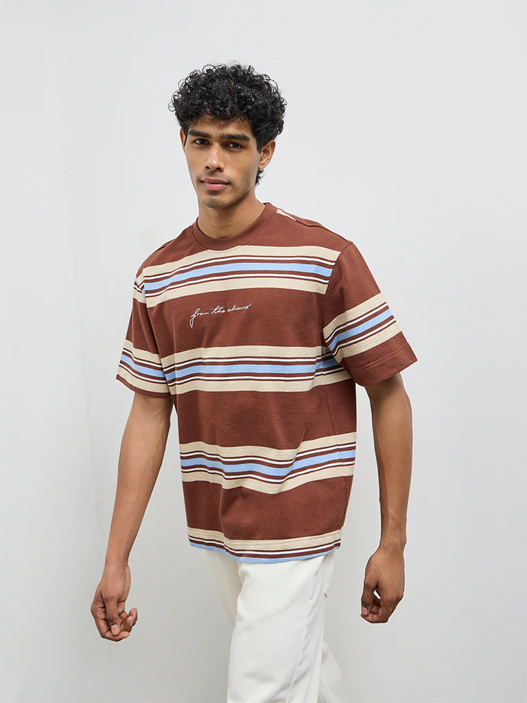 Nuon Brown Striped Relaxed-Fit Cotton T-Shirt