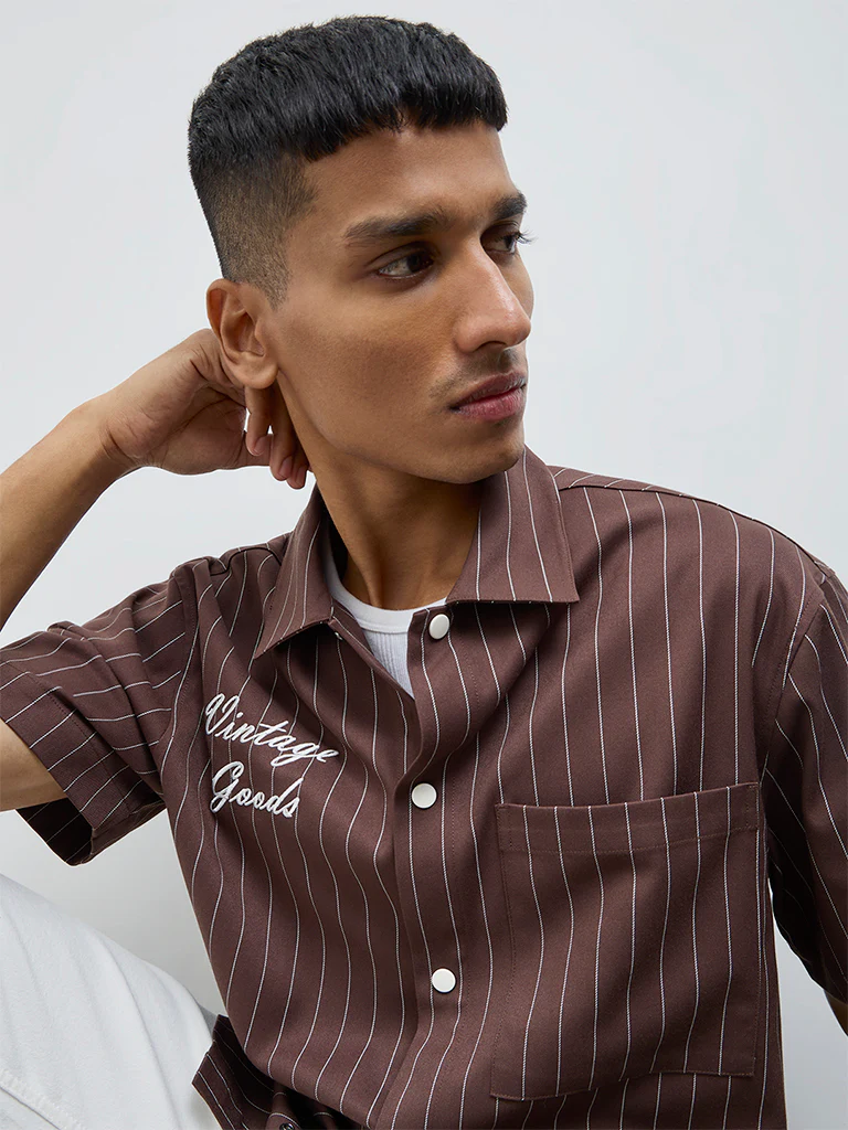 Nuon Brown Striped Relaxed-Fit Shirt - Image 3