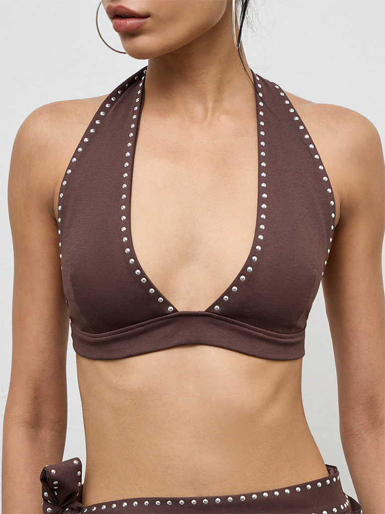 Nuon Brown Stud-Detailed Bralette Top - Image 2