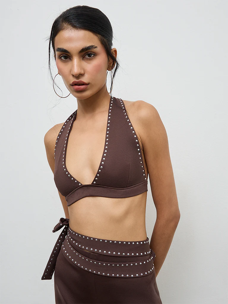 Nuon Brown Stud-Detailed Bralette Top - Image 3