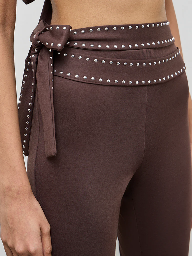 Nuon Brown Stud-Detailed High-Rise Trousers - Image 3