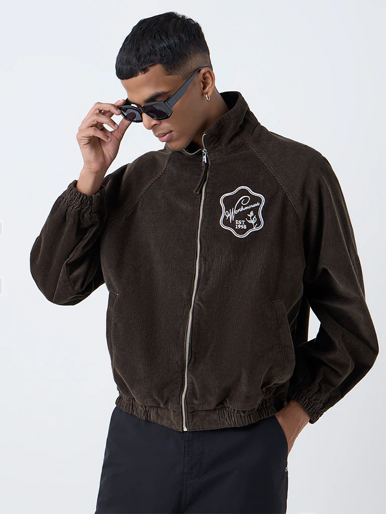 Nuon Brown Text Design Relaxed-Fit Corduroy Jacket - Image 2