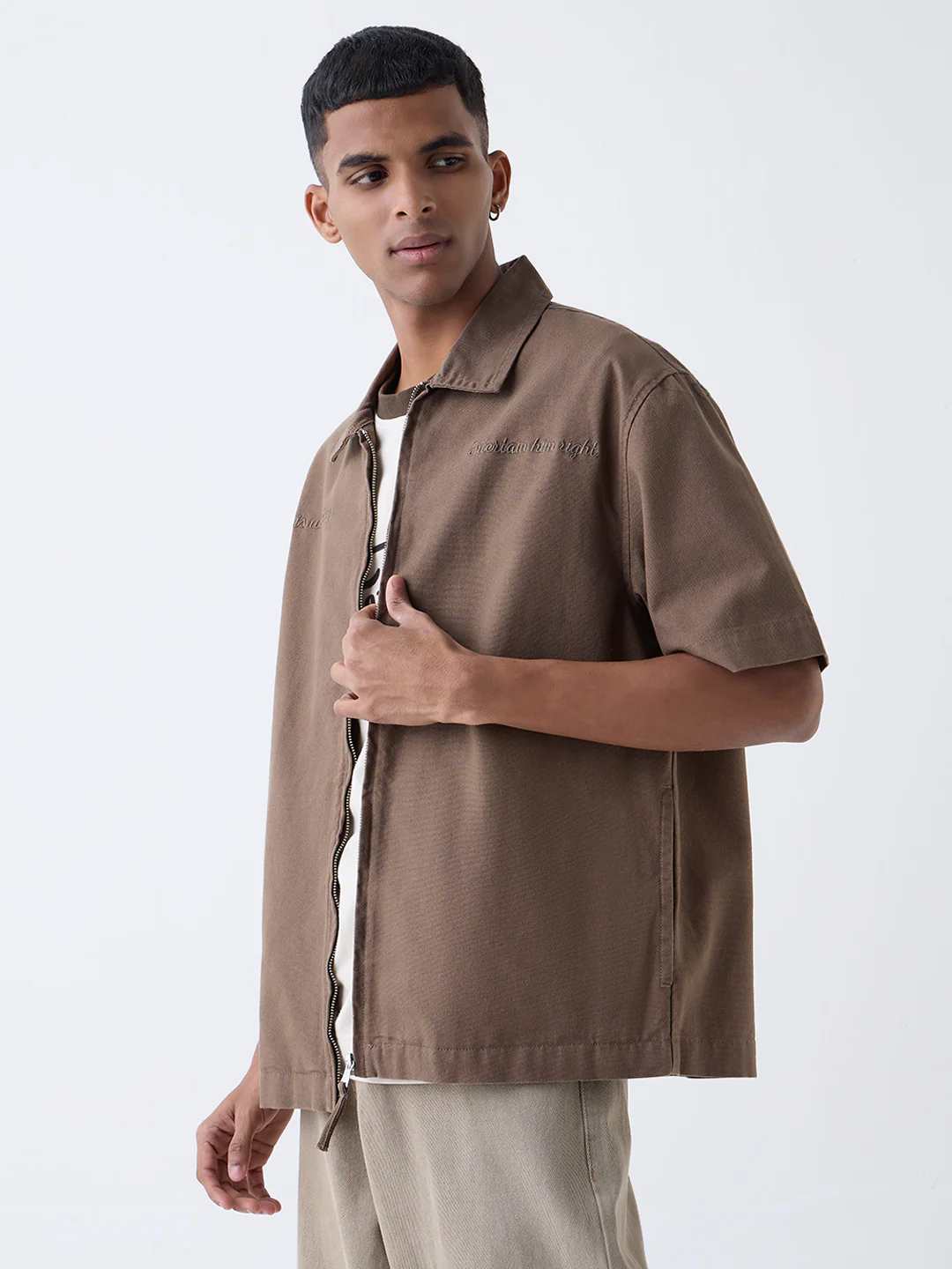 Nuon Brown Text Design Relaxed-Fit Cotton Jacket