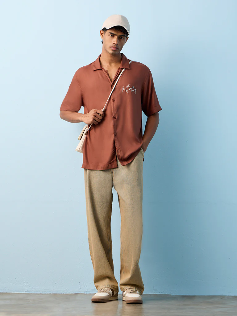 Nuon Brown Text-Detail Relaxed-Fit Shirt