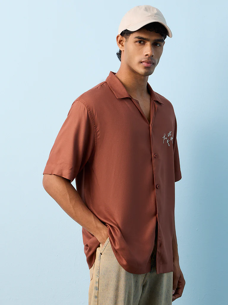 Nuon Brown Text-Detail Relaxed-Fit Shirt - Image 2