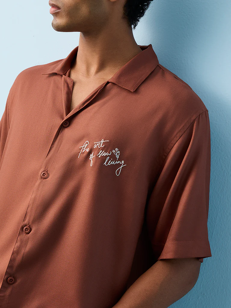 Nuon Brown Text-Detail Relaxed-Fit Shirt - Image 3