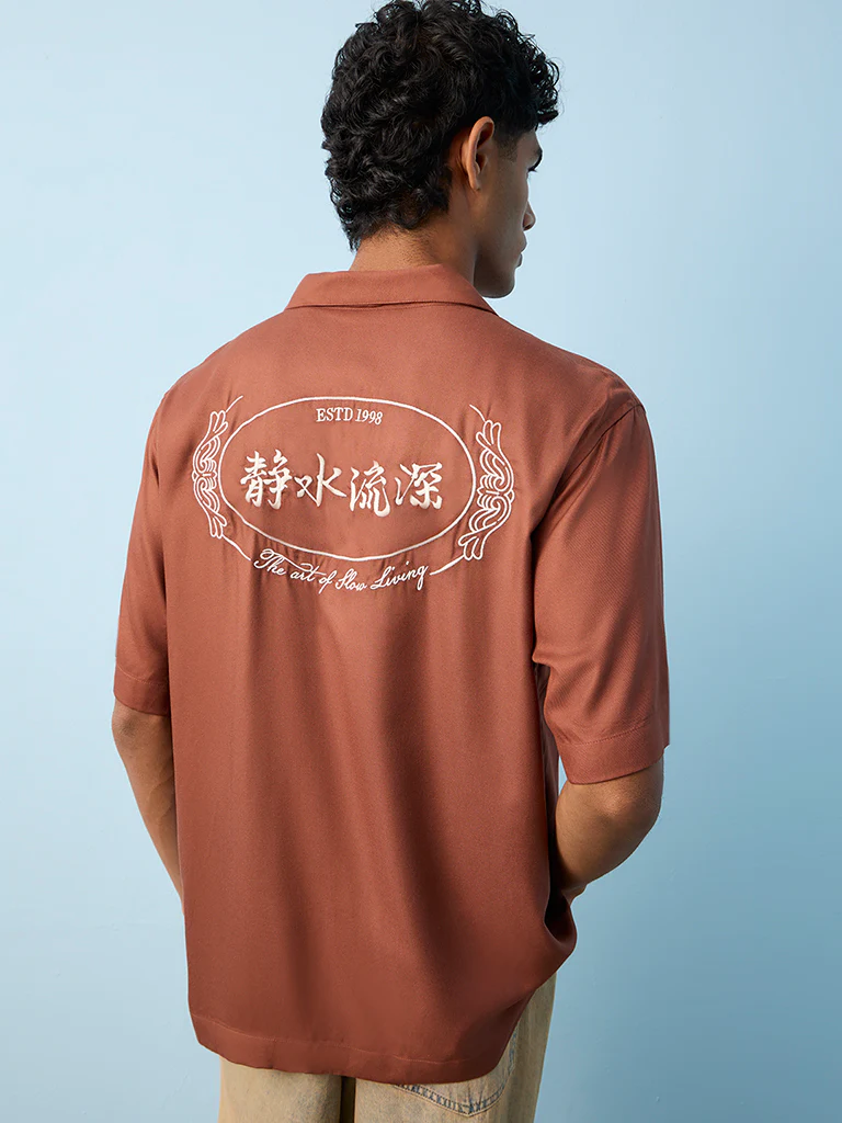 Nuon Brown Text-Detail Relaxed-Fit Shirt - Image 4