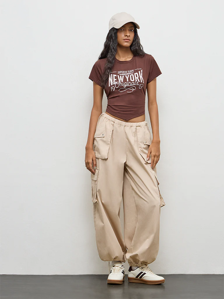 Nuon Brown Text Printed Cotton T-Shirt - Image 2