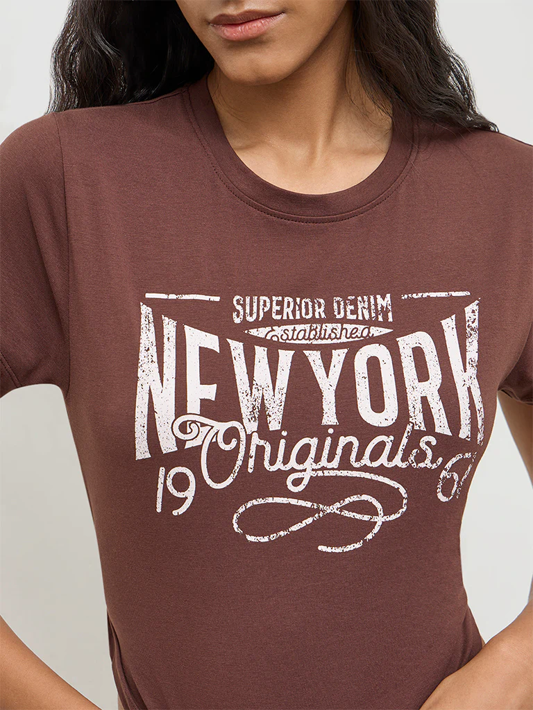 Nuon Brown Text Printed Cotton T-Shirt - Image 3