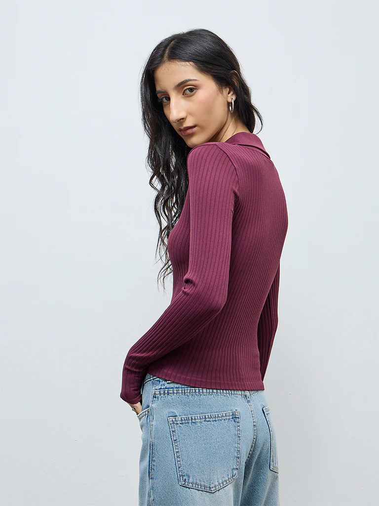 Nuon Burgundy Ribbed-Textured Top - Image 4
