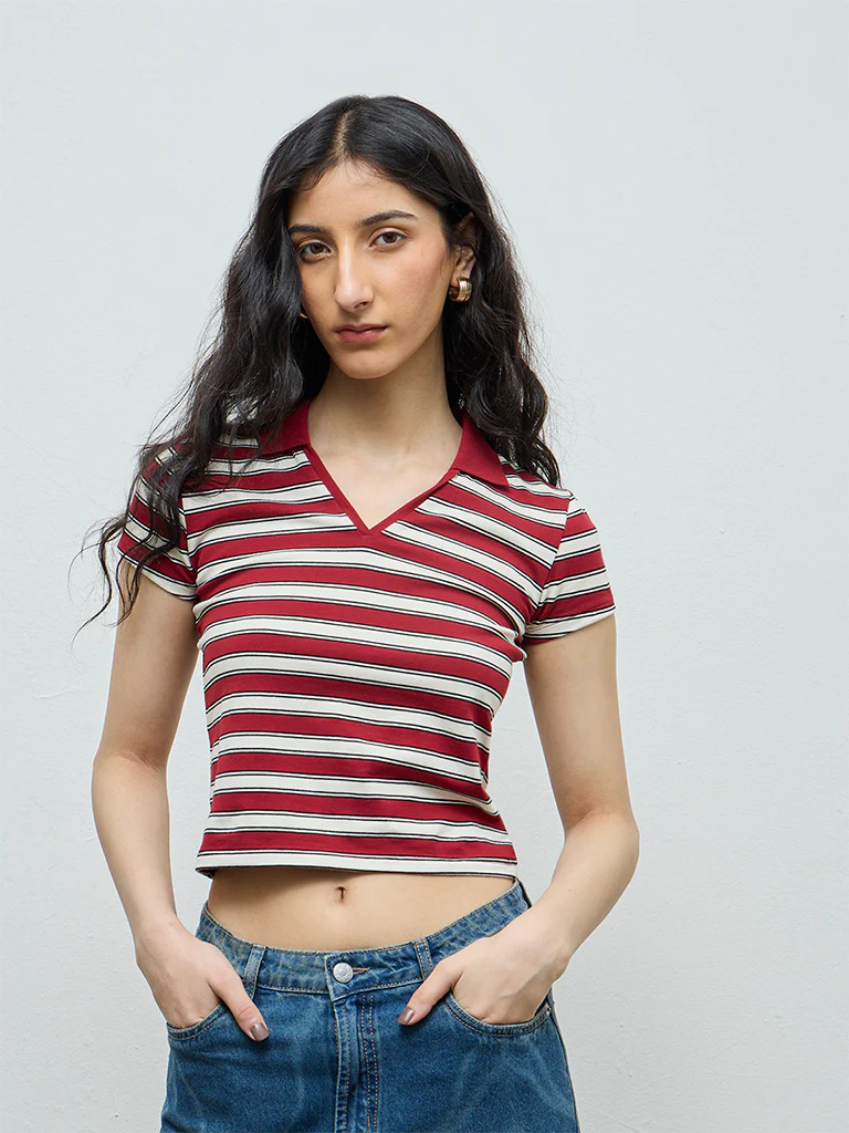 Nuon Burgundy Striped Cotton-Blend T-Shirt - Image 2