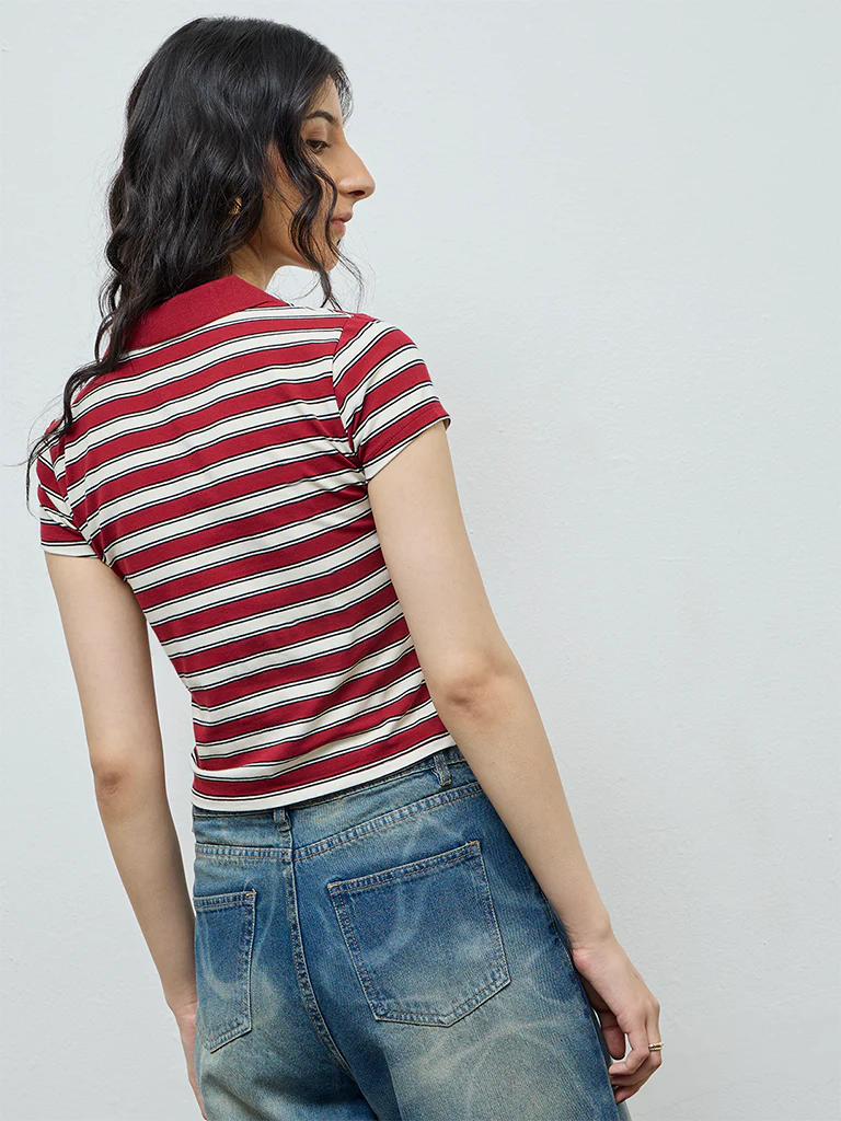 Nuon Burgundy Striped Cotton-Blend T-Shirt - Image 4