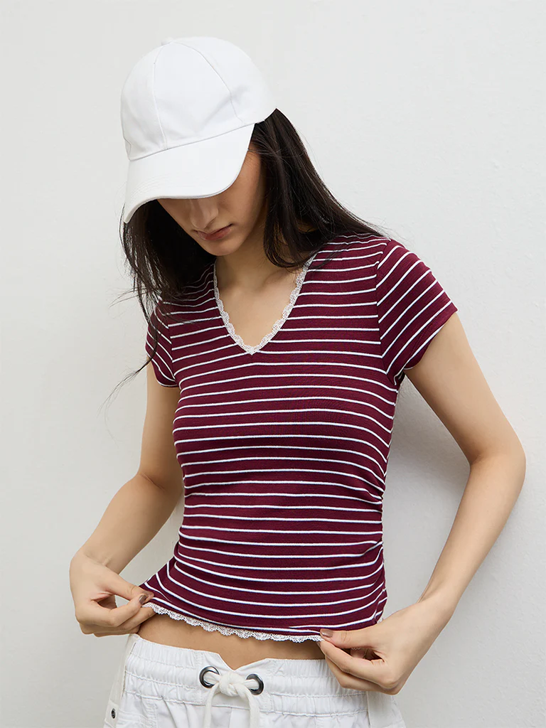 Nuon Burgundy Striped Cotton-Blend Top - Image 2
