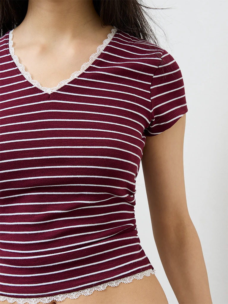Nuon Burgundy Striped Cotton-Blend Top - Image 3