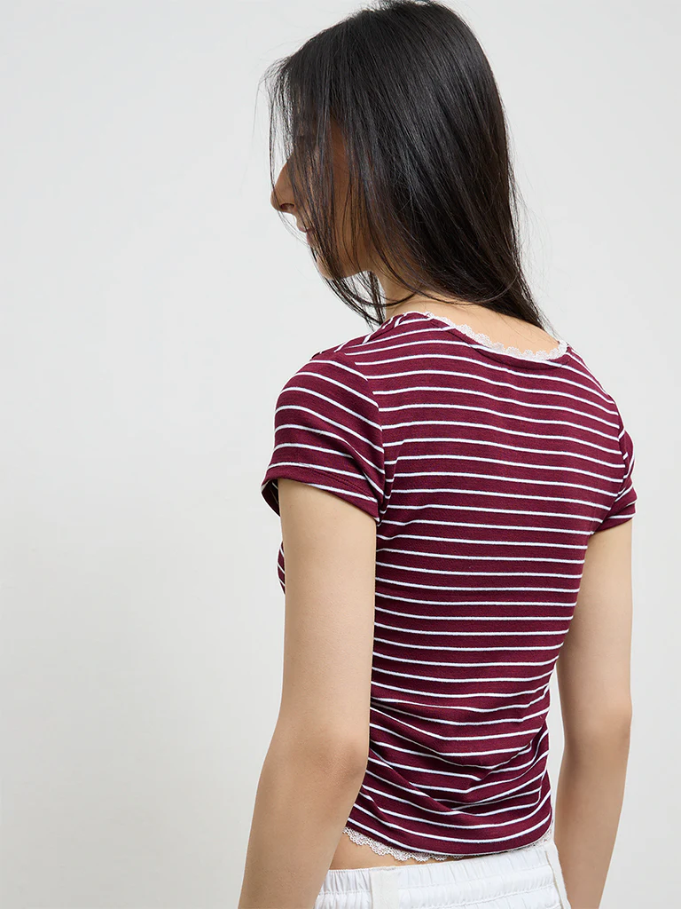 Nuon Burgundy Striped Cotton-Blend Top - Image 4