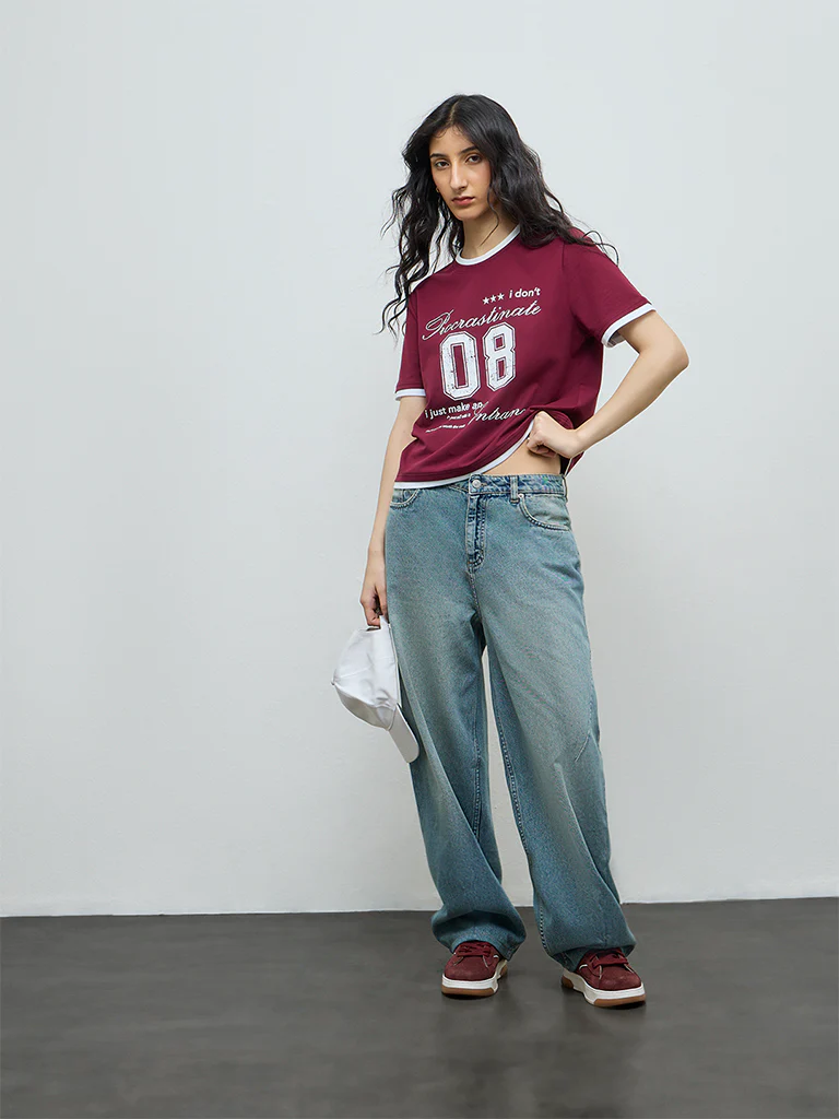 Nuon Burgundy Typographic Cotton T-Shirt