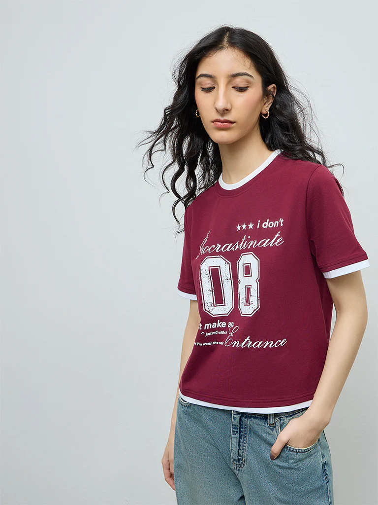 Nuon Burgundy Typographic Cotton T-Shirt - Image 2