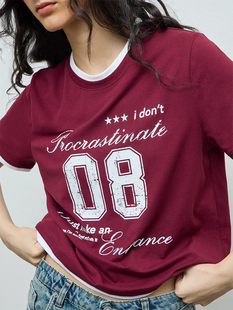 Nuon Burgundy Typographic Cotton T-Shirt - Image 3