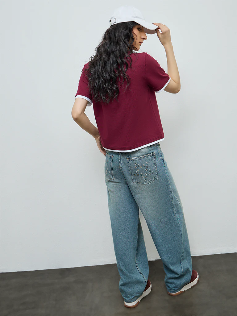 Nuon Burgundy Typographic Cotton T-Shirt - Image 4