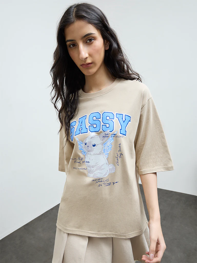 Nuon Beige Graphic Cotton T-Shirt - Image 2