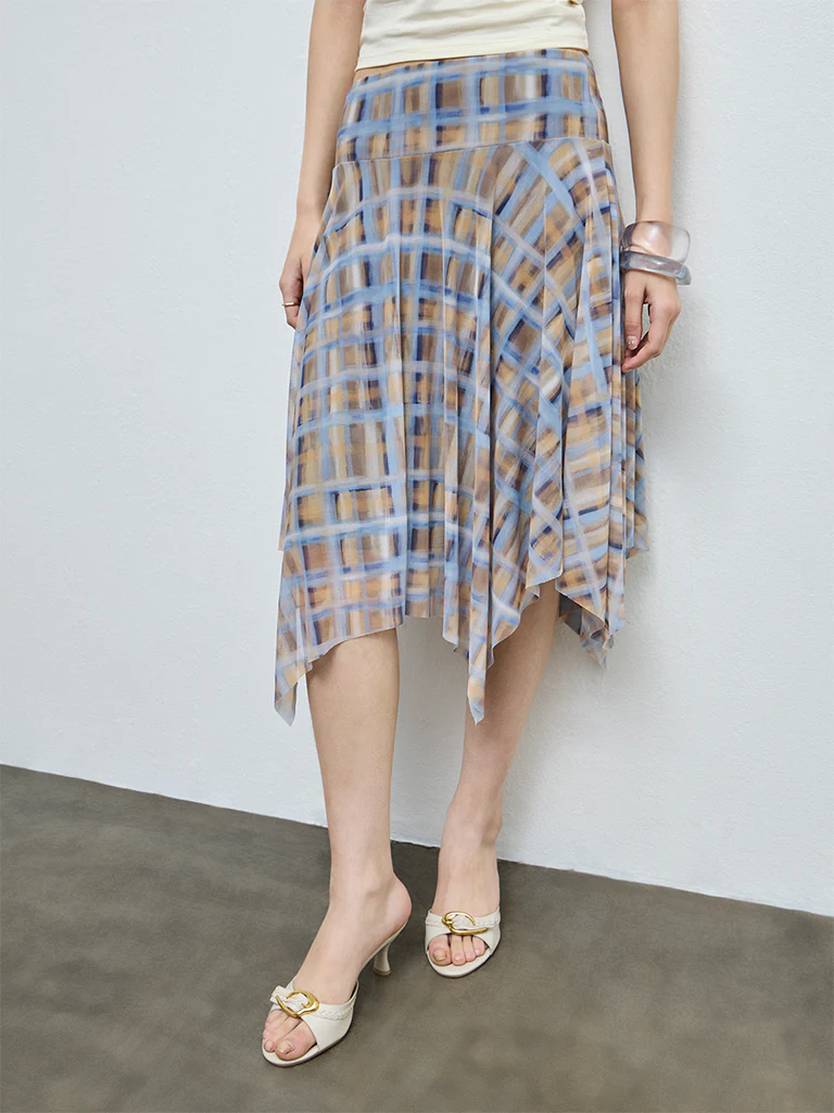 Nuon Blue Checkered Asymmetrical High-Rise Skirt - Image 2