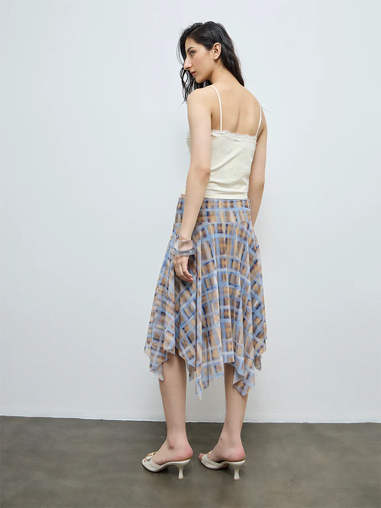 Nuon Blue Checkered Asymmetrical High-Rise Skirt - Image 4