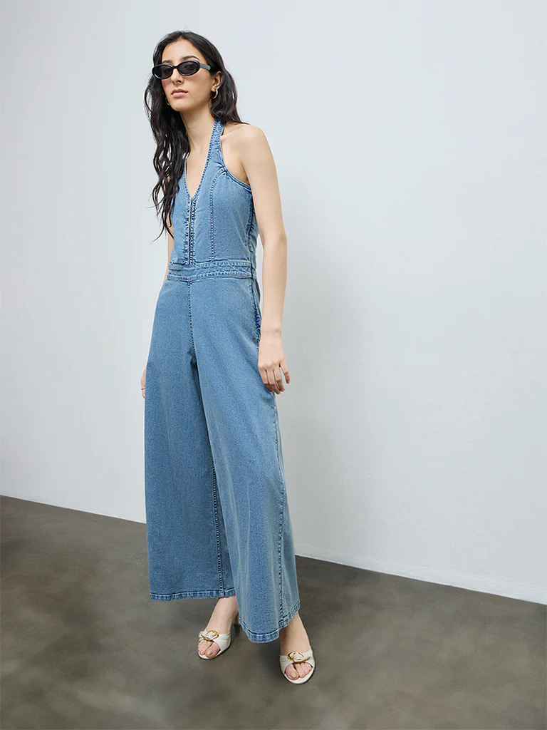Nuon Blue Halter-Neck Denim Jumpsuit - Image 2