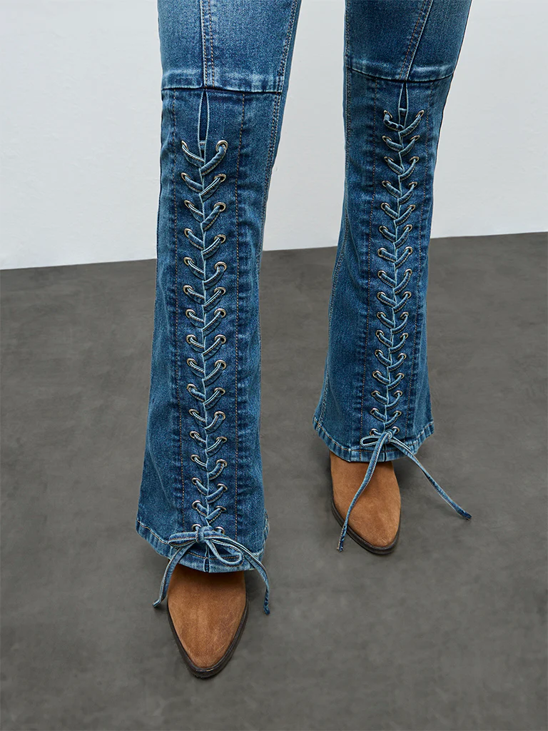 Nuon Dark Blue Criss-Cross High-Rise Jeans - Image 3