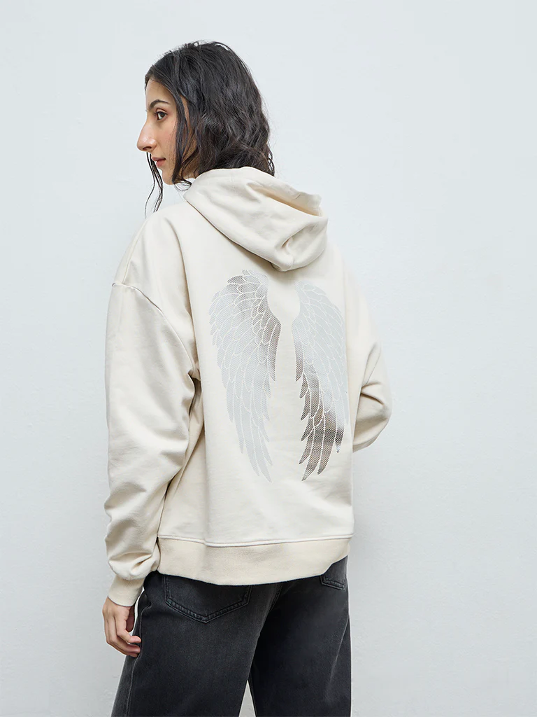 Nuon Light Beige Printed Cotton Hoodie - Image 4