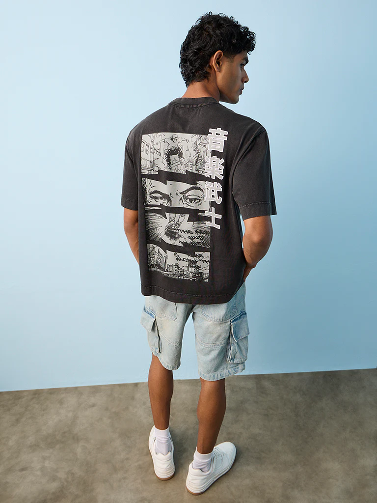 Nuon Charcoal Graphic Printed Relaxed-Fit Cotton T-Shirt - Image 4
