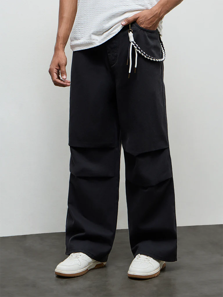 Nuon Charcoal Relaxed-Fit Mid-Rise Cotton Trousers with Braided Cord - Image 3