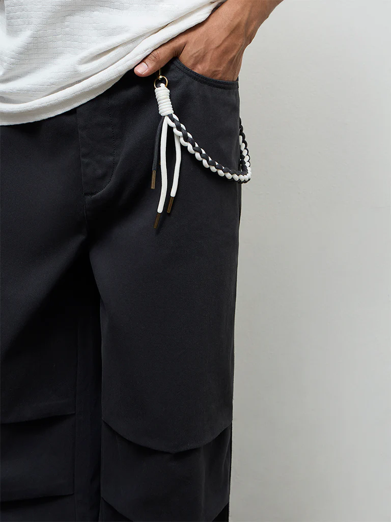 Nuon Charcoal Relaxed-Fit Mid-Rise Cotton Trousers with Braided Cord - Image 4