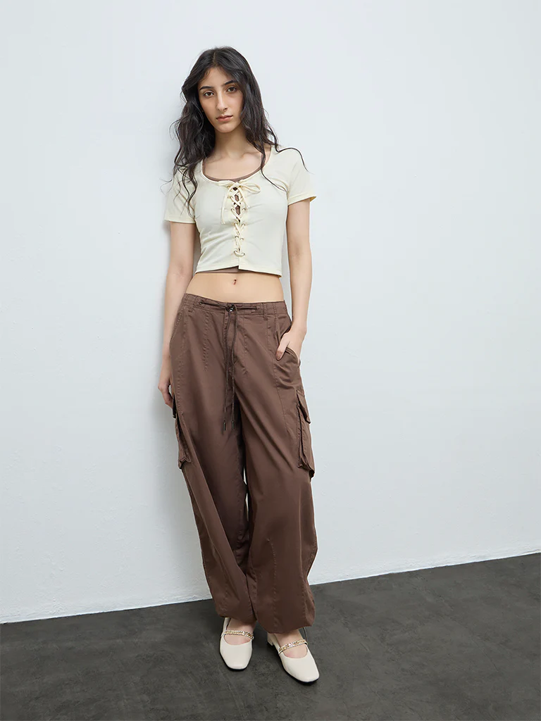 Nuon Cream Criss-Cross Detailed Cotton Top - Image 2