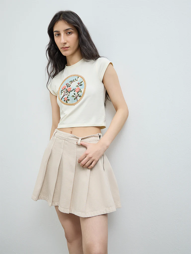 Nuon Cream Embroidered Cotton T-Shirt