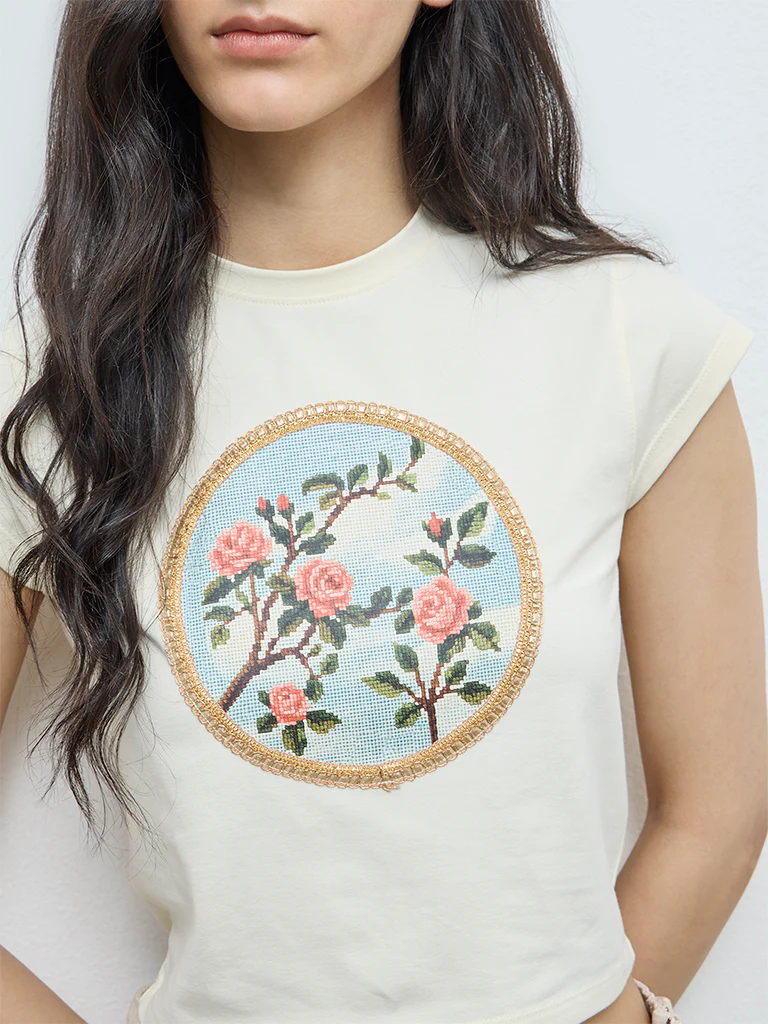 Nuon Cream Embroidered Cotton T-Shirt - Image 3