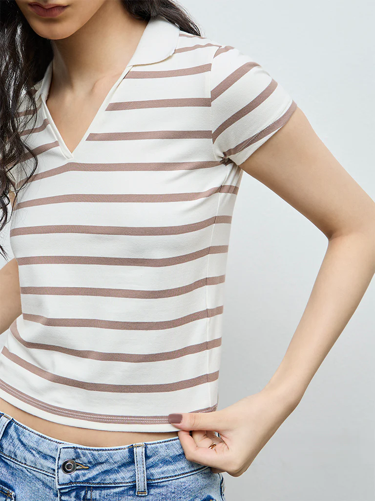 Nuon Cream Striped Cotton-Blend T-Shirt - Image 3