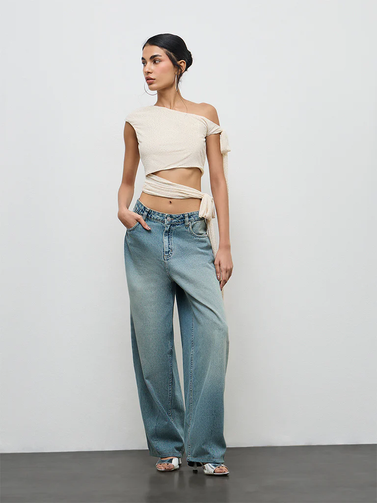 Nuon Cream Studded Tie-Up One-Shoulder Top - Image 2