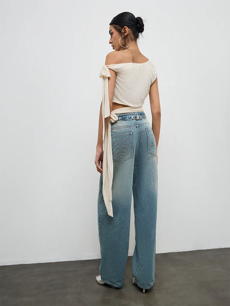 Nuon Cream Studded Tie-Up One-Shoulder Top - Image 4