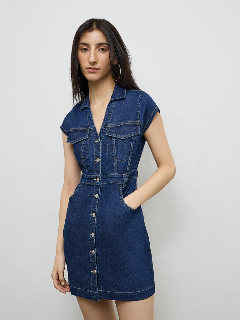 Nuon Dark Blue A-Line Denim Dress - Image 2
