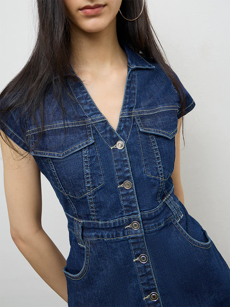 Nuon Dark Blue A-Line Denim Dress - Image 3