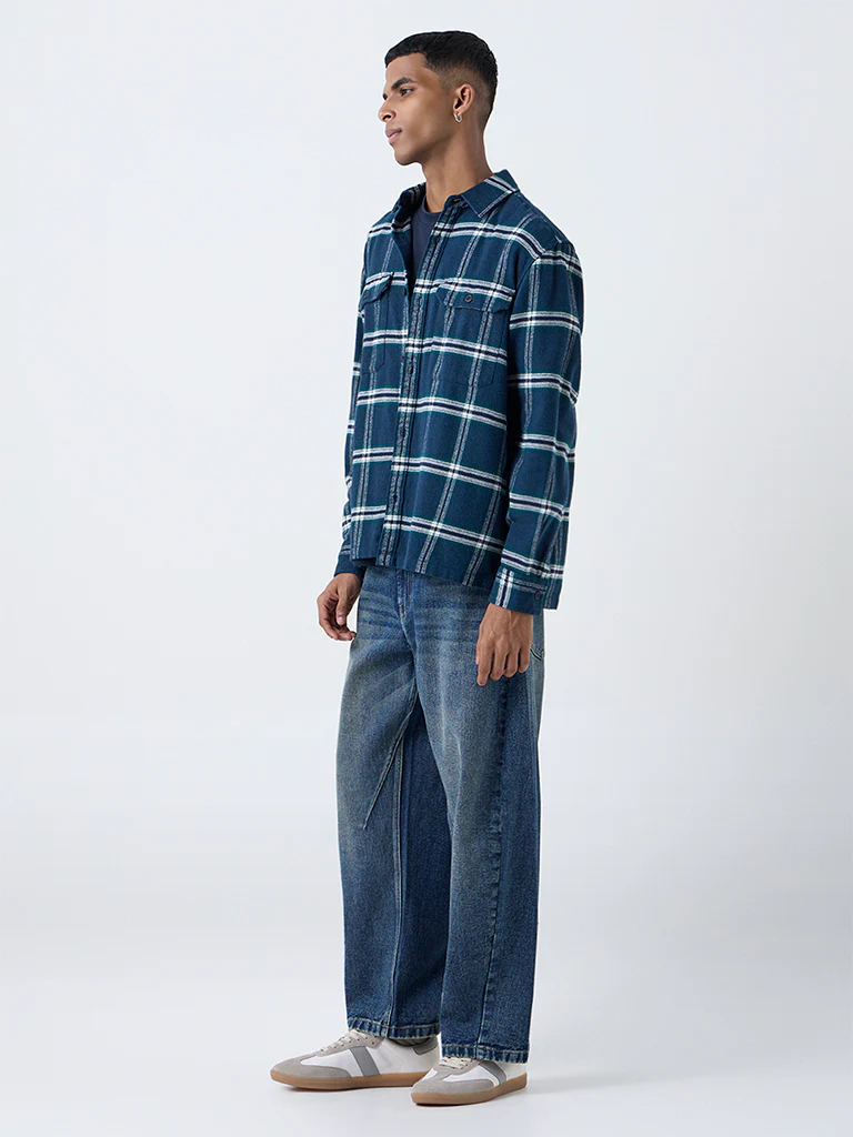 Nuon Dark Blue Checkered Relaxed-Fit Cotton Shirt - Image 2