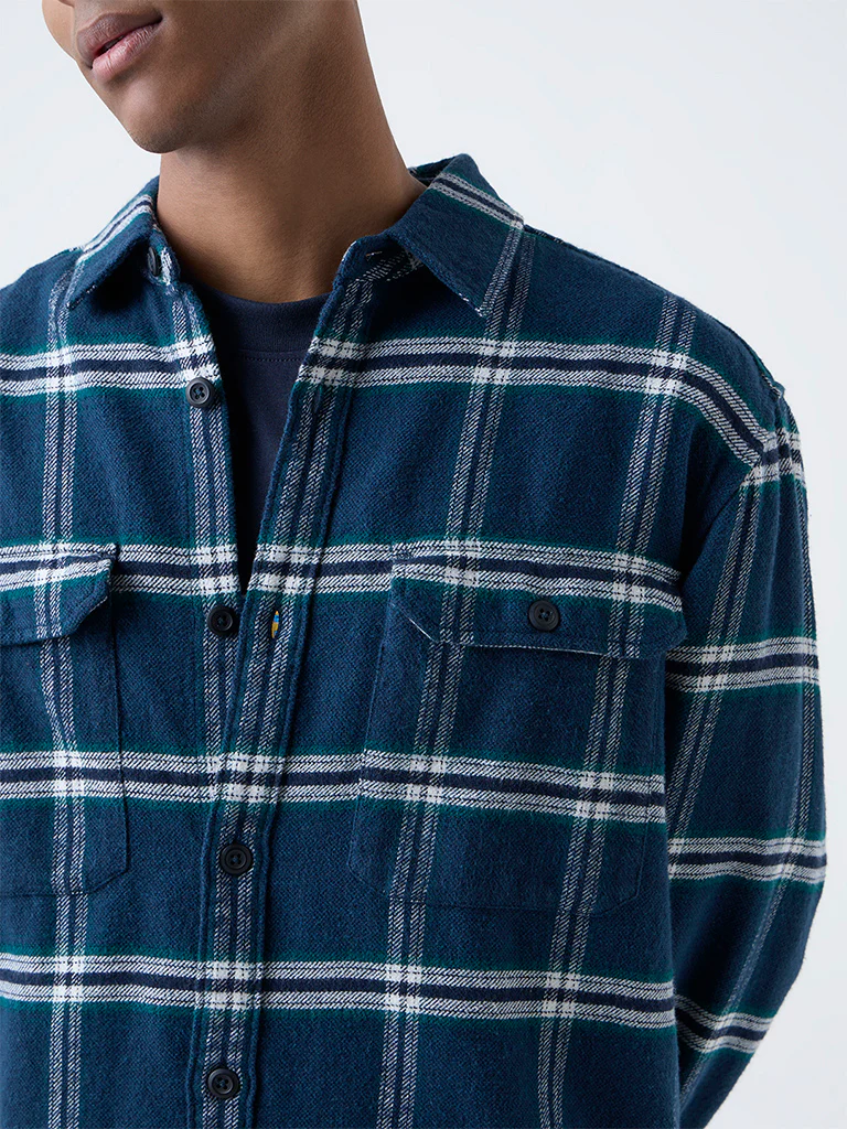Nuon Dark Blue Checkered Relaxed-Fit Cotton Shirt - Image 3