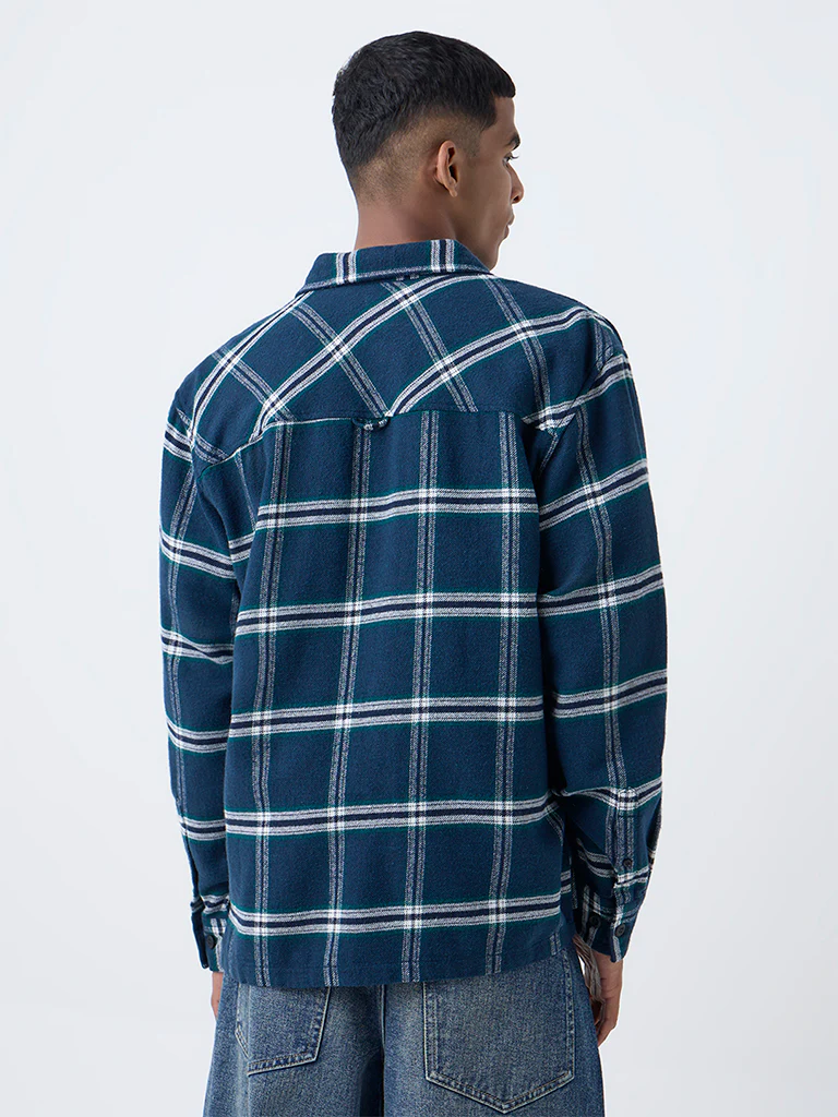 Nuon Dark Blue Checkered Relaxed-Fit Cotton Shirt - Image 4